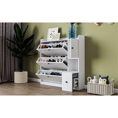 White Shoe Cabinet With Pull-Down Seat And 3 Drawers For Space Optimization Adjustable Storage Drawers,
