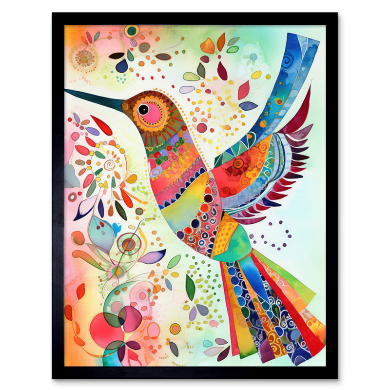 Hummingbird With Multicolour Pattern Feathers Folk Art Watercolour Painting Artwork Framed Wall Art Print 9X7 Inch