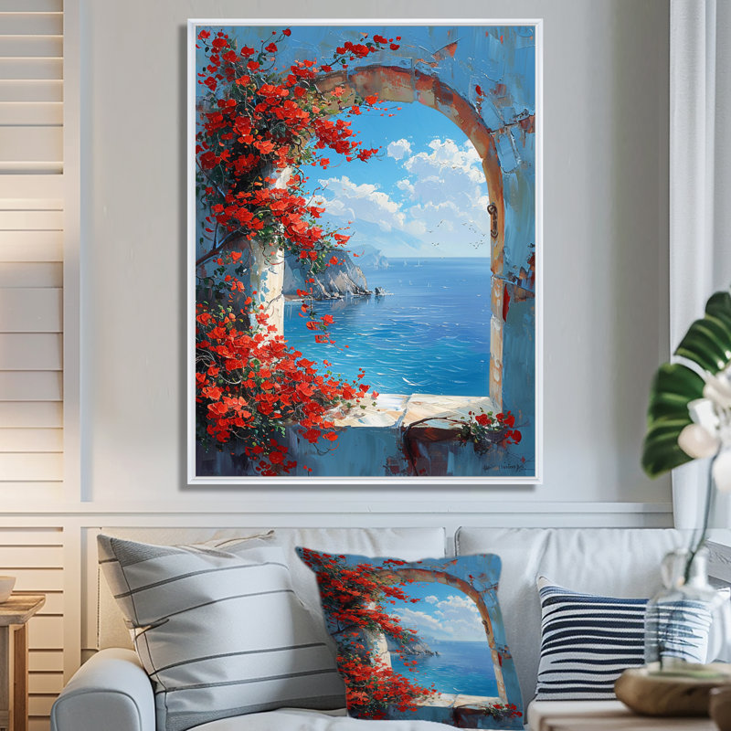 Fleurs rouges, vue de la fenêtre à l'horizon de l'océan bleu - fenêtres murales côtières, salon, H 20 po x l 12 po x P 1 po