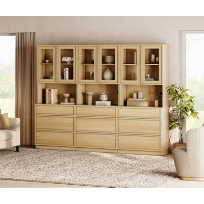 72" Tall Bookshelf with 9 Drawers and Book Shelves, Library Bookcase with Closed Storage Cabinet and Glass Display Shelves, Wooden Book Shelf for Home Office, Living Room