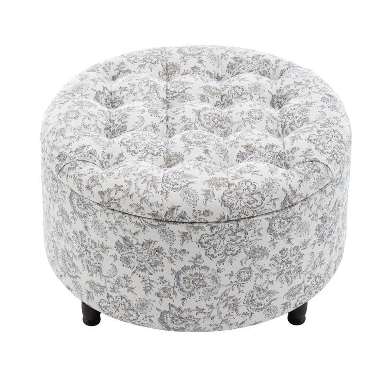Upholstered Ottoman, Brown Floral, Brown Wood