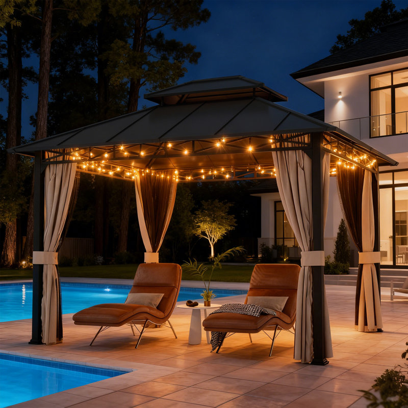 10 x 12Ft Outdoor Patio Gazebo With Double-layer Roof, Hardtop Gazebo With Powder-Coated Metal Frame, Mosquito Netting, Privacy Curtains and Ceiling Hooks for Garden, Patio, Backyard