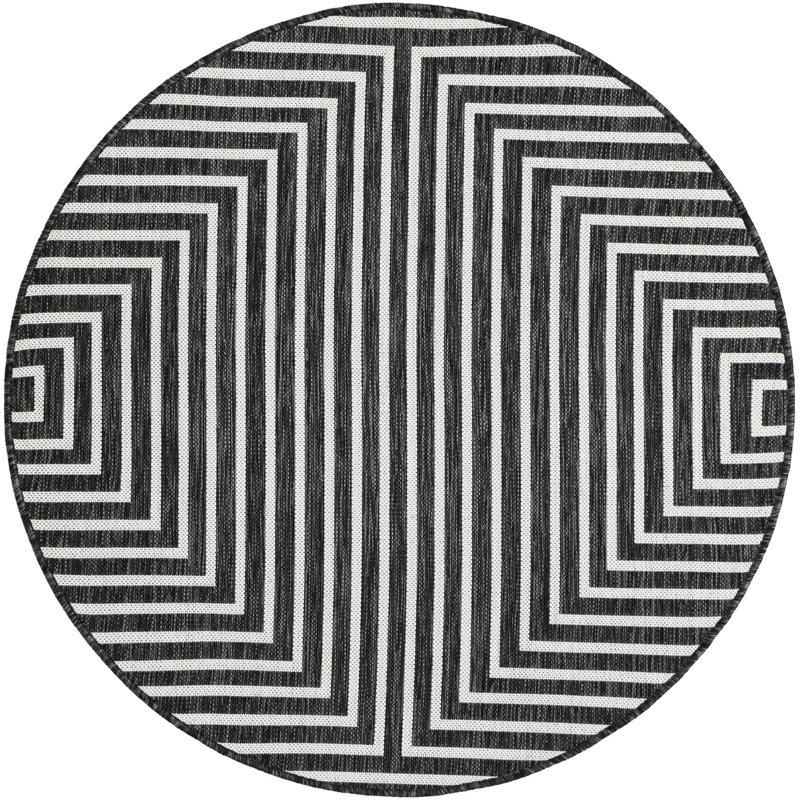 Tapis contemporain noir et blanc Odawa, Rond 4 pi 1 po