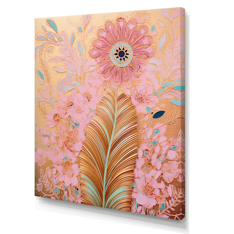 Boho Glam or plume et fleurs roses - art mural sur toile Dreamcatcher, Toile tendue, H 32 po x l 16 po x P 1 po