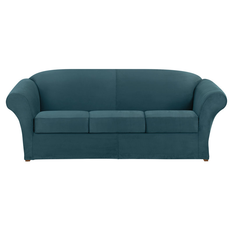 Pacific Blue Stretch Suede Sofa Slipcover with Elastic Bottom