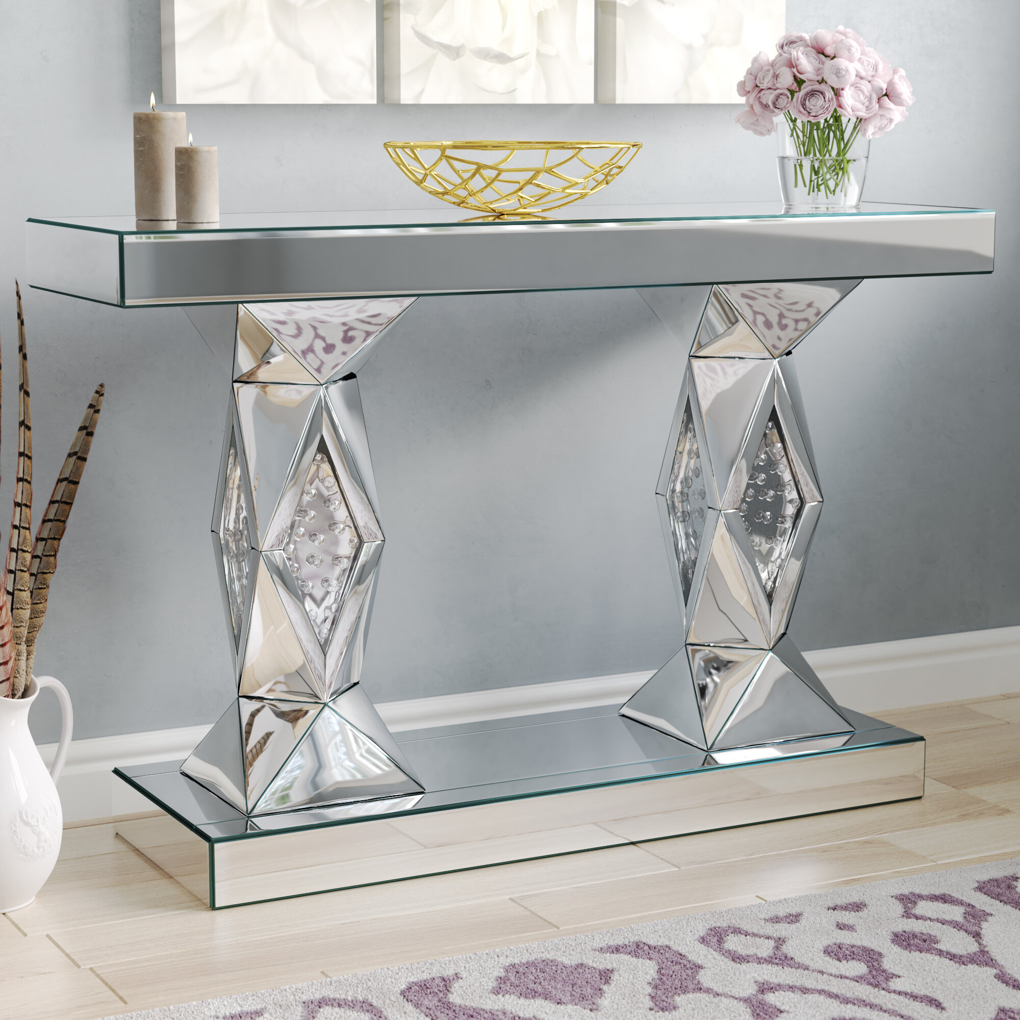 47 Inch Rectangle Crystal Console Table In Clear Mirror Finish