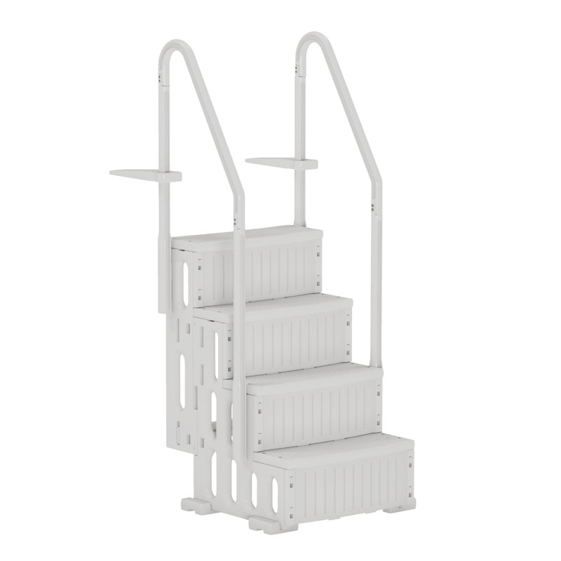 Échelle de piscine à 4 marches avec double rampe ERommy, capacité de 400 lb pour les marches antidérapantes pour piscines hors-terre et creusées de 48 à 54 po, construction tout-PE durable avec installation par encliquetage, blanc