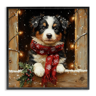 Snowy Christmas Lights Puppy Framed Giclee, design by Riley B