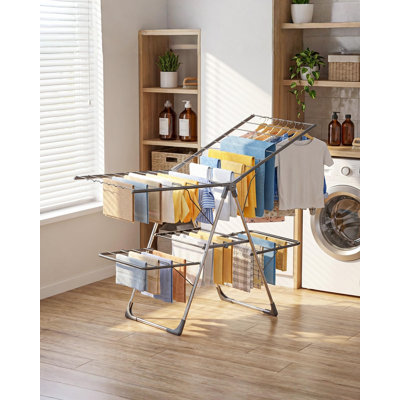 Clothes Drying Rack, Foldable 2-Level Laundry Drying Rack With Height-Adjustable Wings, Free-Standing Space-Saving Rack, Indoor & Outdoor, (Grey)