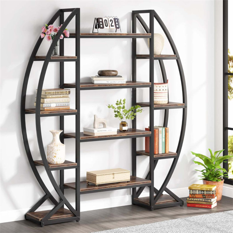 Triple Wide Oval Industrial Rustic Etagere Bookcase For Office And Living Room, Durable And Stylish Storage Solution