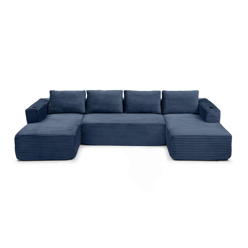 Canapé surdimensionné de 132 po sans dossier avec méridienne, canapé modulaire en forme de U en velours côtelé profond avec siège profond, canapé confortable avec porte-gobelets et poche latérale, aucun assemblage requis