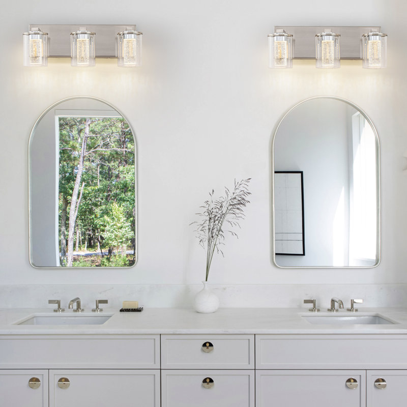 Luminaire de salle de bain en nickel brossé (3 lumières, 17 pouces), (3000K / 4000K / 6000K, intensité variable) Luminaire de salle de bain à DEL, applique murale moderne sur miroir avec abat-jour en verre transparent