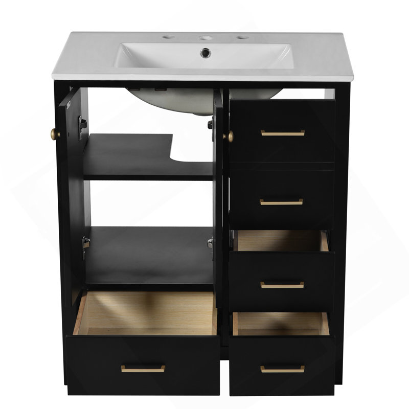 Ensemble de meuble-lavabo 30 po avec lavabo en céramique, meuble de rangement à structure en bois, ensemble de meuble-lavabo autoportant avec 4 tiroirs et portes à fermeture douce, noir