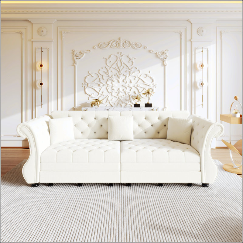 Canapé convertible surdimensionné de 97,6 pouces Chesterfield, Blanc beige
