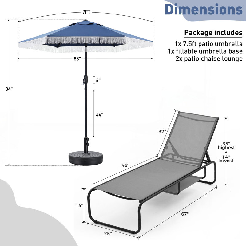 Ensemble 3 pièces de chaises longues d'extérieur avec parasol, Gris
