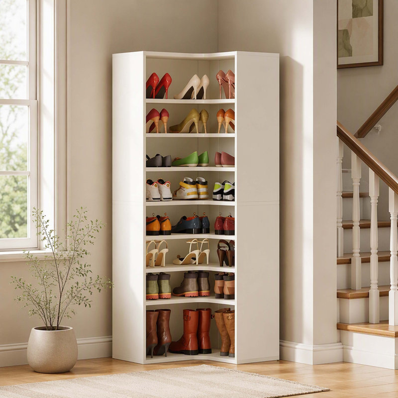 Meuble à chaussures d'angle ouvert blanc à 9 niveaux, tablette à chaussures haute et autoportante avec étagères réglables pour l'entrée