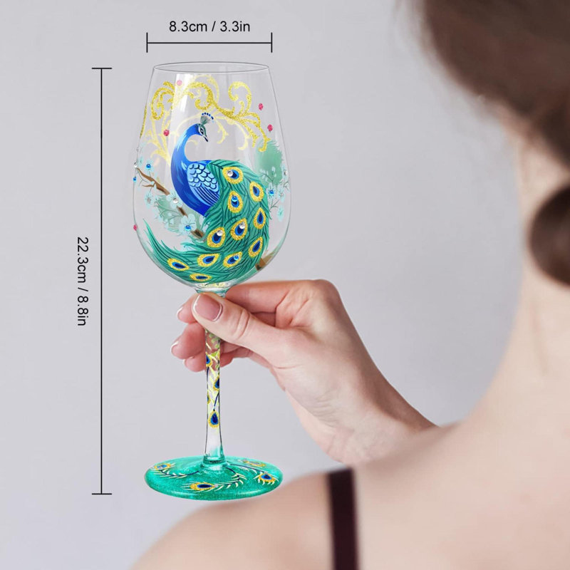 Verre à vin peint à la main couleur paon artisanal 15 oz personnalisé cadeau pour meilleur ami