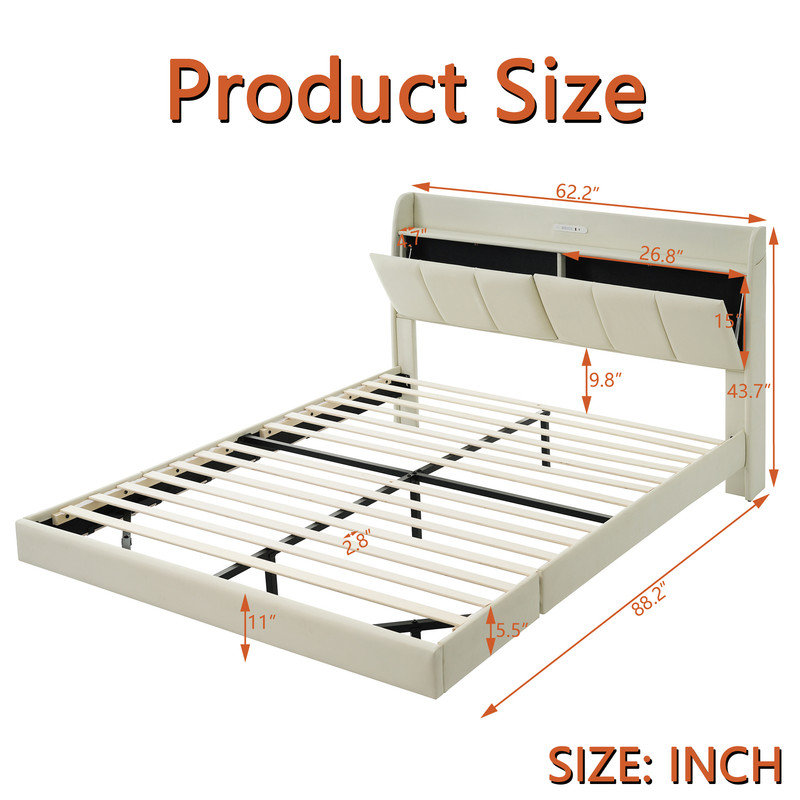 Multi-function Floating Bed Frame, Modern Upholstered Platform Bed with USB ports, Storage Headboard and Touch Sensor Night Light