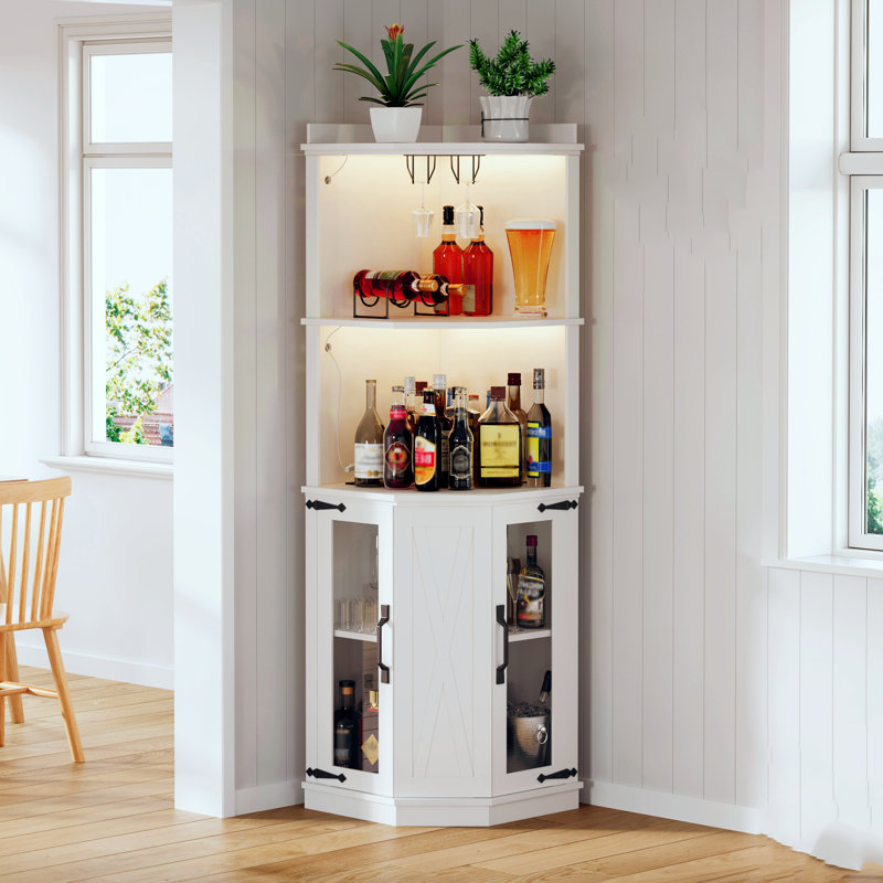 Armoire de comptoir de bar 67,3 pouces avec tablettes réglables, éclairage et support en verre, convient pour la salle à manger, le salon, la cuisine, blanc