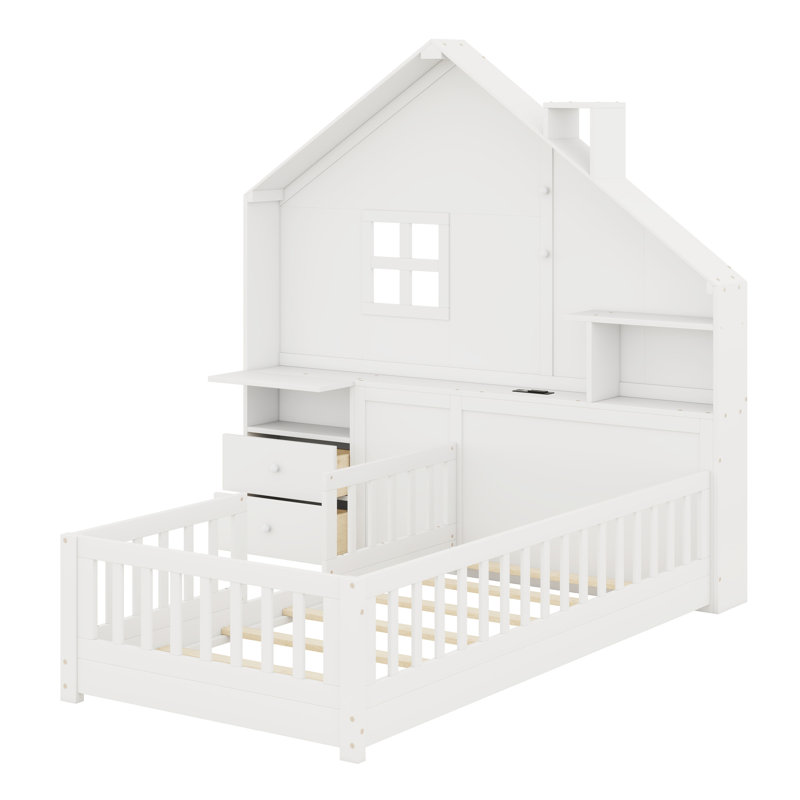 House Bed With Window And Bedside Drawers, Platform Bed With Shelves And A Set Of Sockets And USB Port