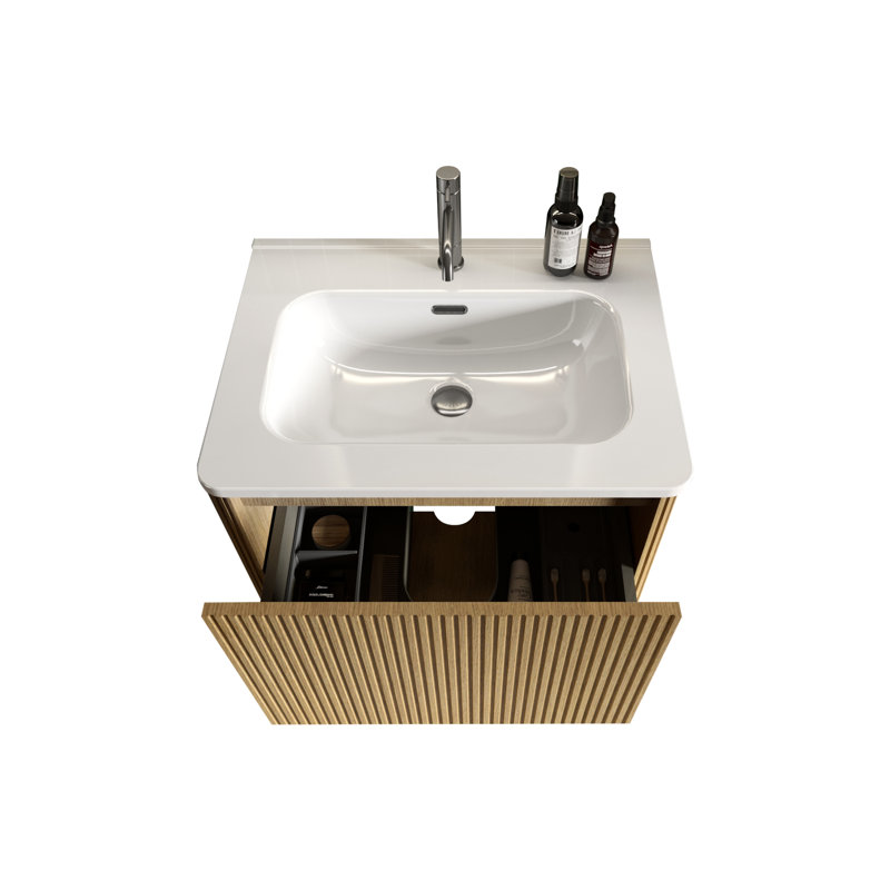 Meuble-lavabo mural Quandro 30 po - Chêne naturel rayé avec lavabo en céramique blanc Fixation de coins flottants sécurisés et commodes