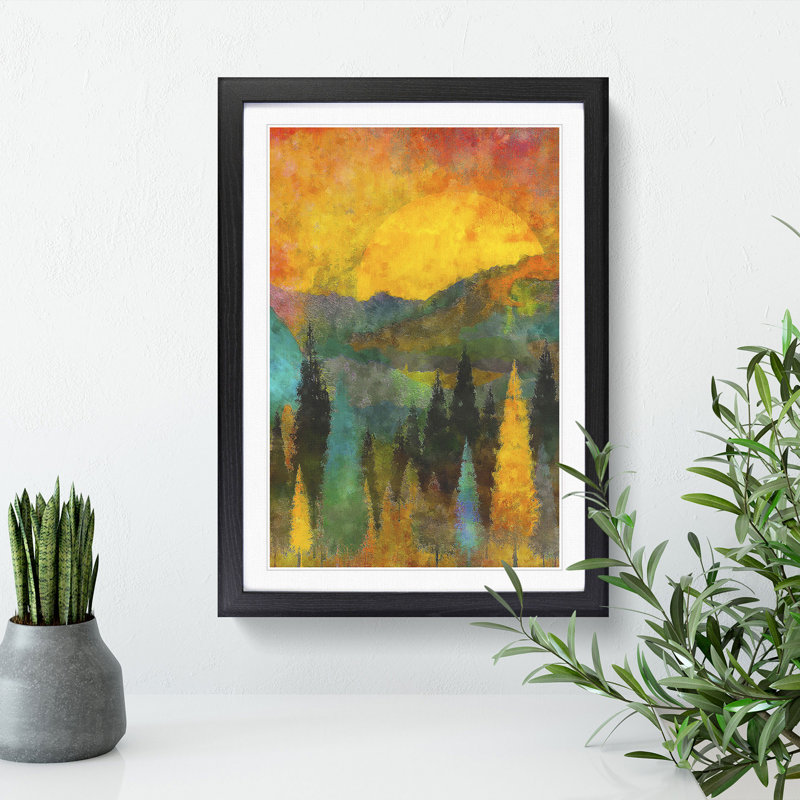 Sun Setting Behind an Autumn Forest - Framed Print, 65cm H x 48cm W x 2cm D, Black Framed