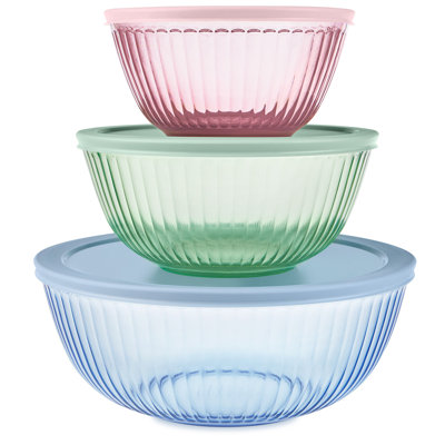 Pyrex Sculpted Tinted Glass Mixing Bowls With Lids, 3-pack, Mixed Colors In Clear