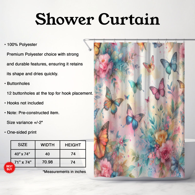 Rideau de douche standard 1 pièce Butterfly Splash Flight, H 74 po x l 71 po
