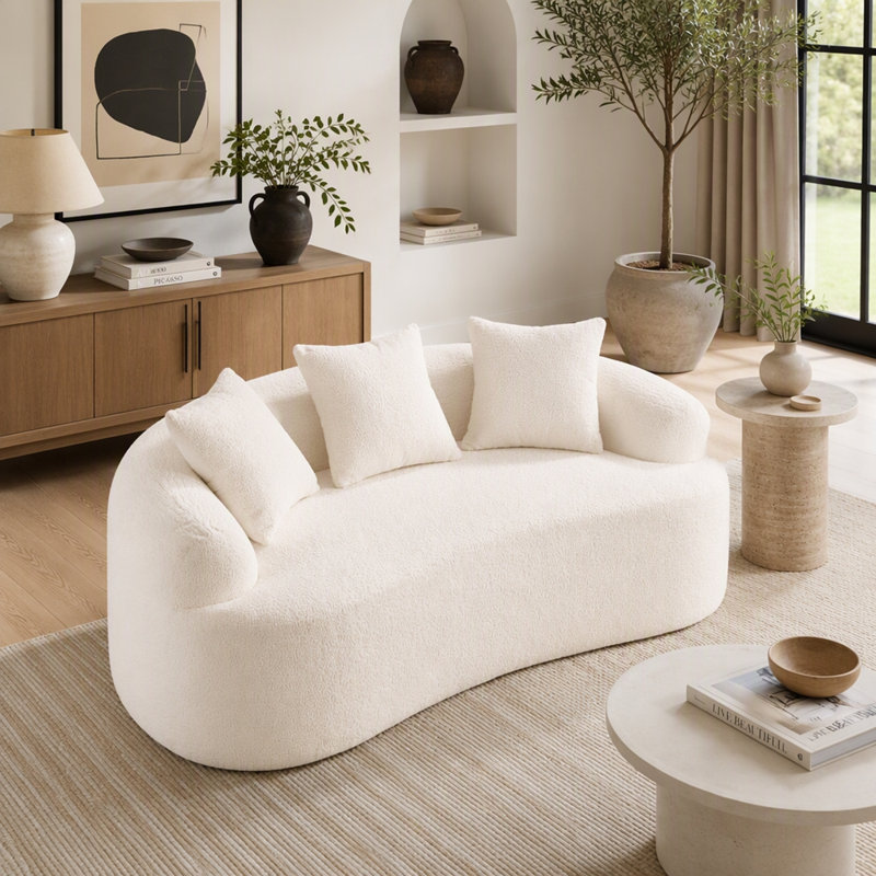 Causeuse courbée blanche en chenille avec 3 coussins pour les petits espaces