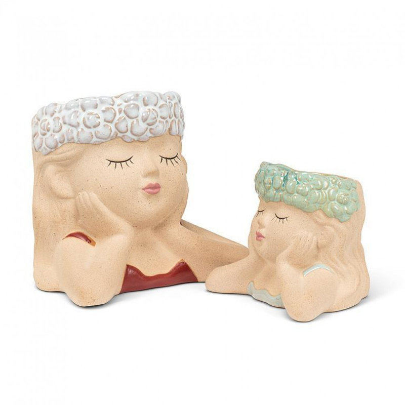 Small Head In Hands Planter, Pink/Red/White, 4.50" H x 5" W x 4.50" D