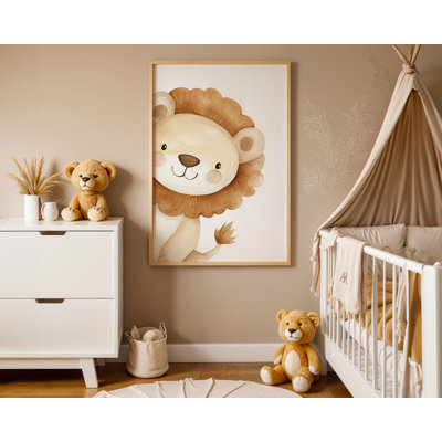 Aquarelle Lion | Décoration murale Lion mignon | Peinture de bébé lion | Art safari pour enfants | Art jungle pour chambre d'enfant | Animaux de safari mignons - 91 x 61 cm - Cadre en bois (sans verre)
