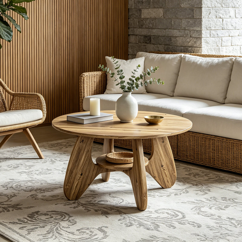 31.5" Circle Coffee Table for Living Room, 2-Tier Wood Accent Center Table with Open Storage, Oak