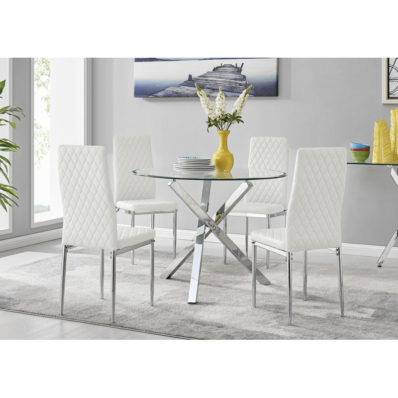 Seline Modern Round Dining Table Set in Glass and Chrome with 4 Quilted Faux Leather Dining Chairs, White
