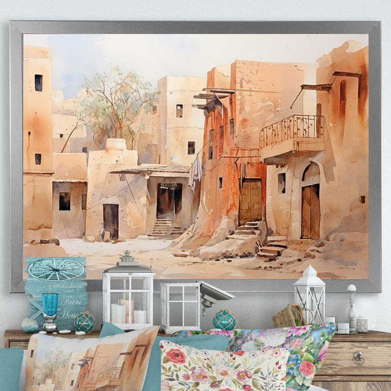 Village urbain, Sables égyptiens I - Art mural égyptien, Cadre de coin argenté fermé, H 30 po x l 40 po x P 1,5 po