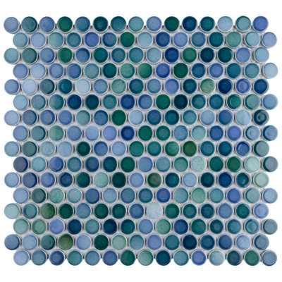 Hudson Penny Round Aquamarine 11-7/8" x 12-5/8" Porcelain Mosaic Floor and Wall Tile