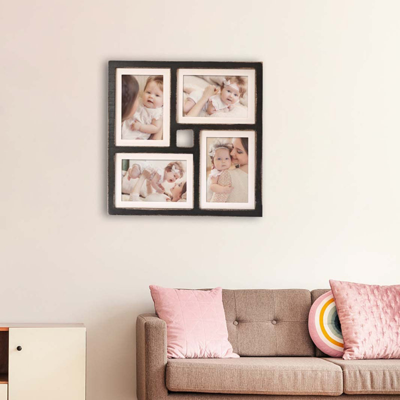 Collage Picture Frame 5X7 4-Opening Rustic Farmhouse Collage Photo Frames 4X6 With Mat Family Muti Frame For Wall Decor Hanging Or Tabletop Display Black