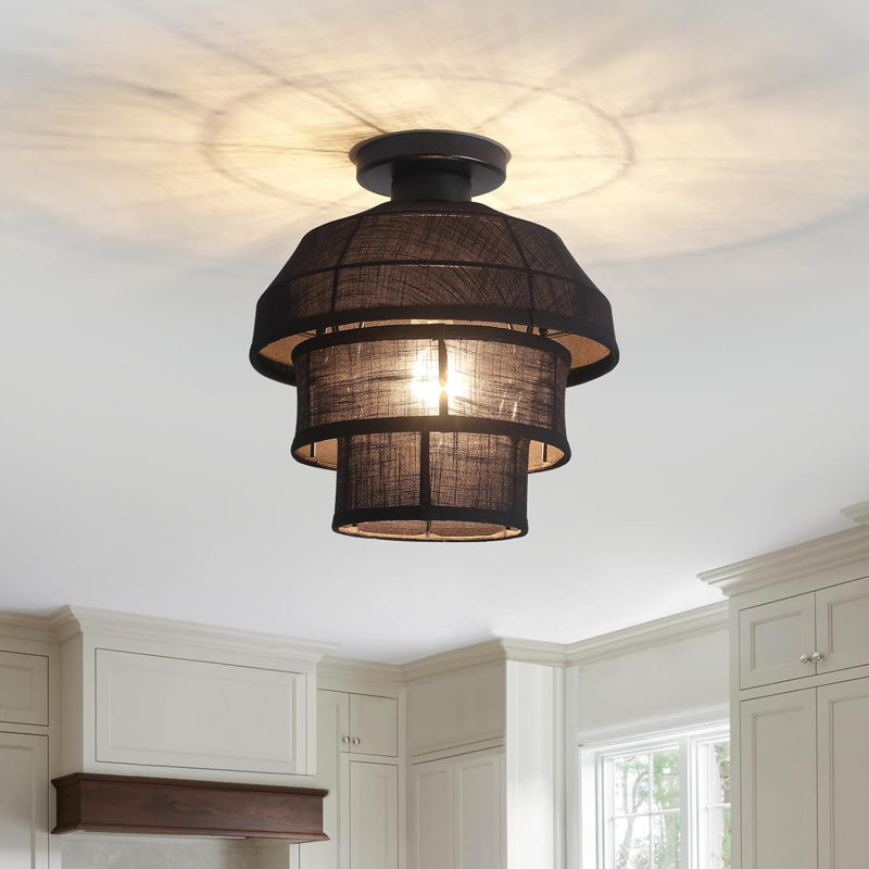 Aiesrom 12" Semi Flush Mount Ceiling Light, Farmhouse Ceiling Light Fixture with Fabric Shade, 3-Tier Drum Linen Light Fixtures Ceiling Mount, Boho Rustic Chandelier for Living Room Hallway Kitchen Entryway