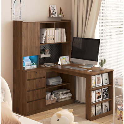 L Shaped Desk,Computer Desk with Drawers,Bookshelf,with LED Light,Modern Corner Desk,Home Office Desk,L-Shaped Study Table Writing Desk,Corner Gaming