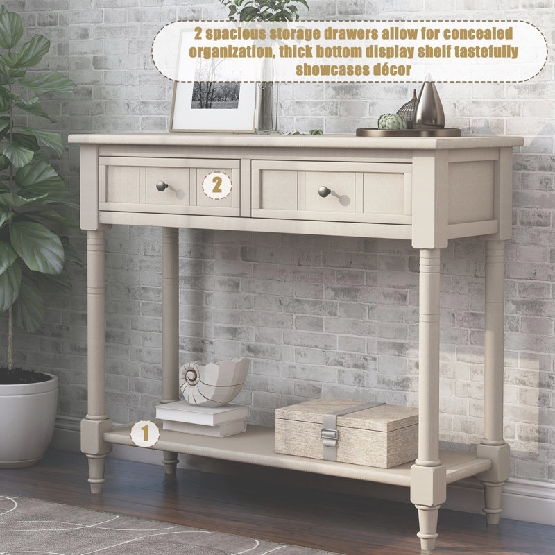 Floriean Rustic Vintage Farmhouse Style Console Table - 2 Drawers, Bottom Shelf, Retro Grey