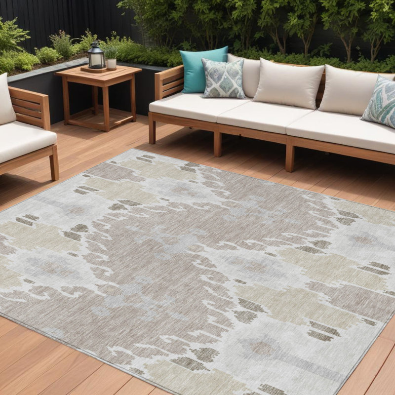 Tapis intérieur / extérieur ivoire lavable en ikat beige et taupe 8 pi x 10 pi
