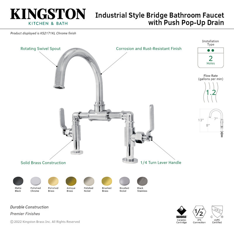 Kingston Brass Whitaker Two-Handle 2-Hole Deck Mount Bridge Bathroom Faucet with Pop-Up Drain, Brushed Nickel