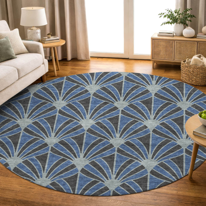 Premium Machine Washable Mayfield AMF2426 Striped Rug, Navy, 8' Round