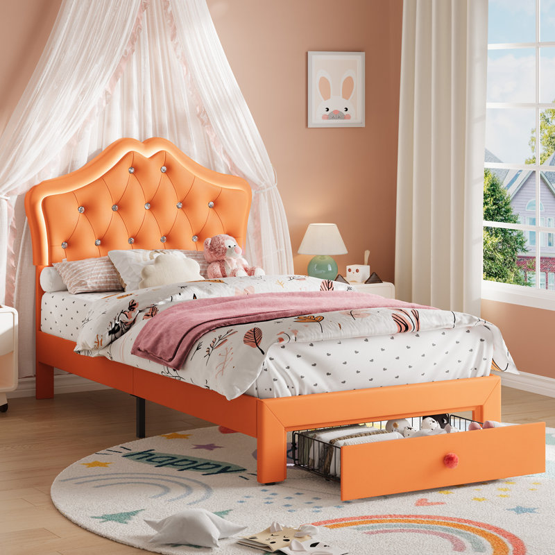 Twin Size Upholstered Princess Bed Frame with LED Lights and Storage Drawer, Faux Leather Platform Bed, Orange