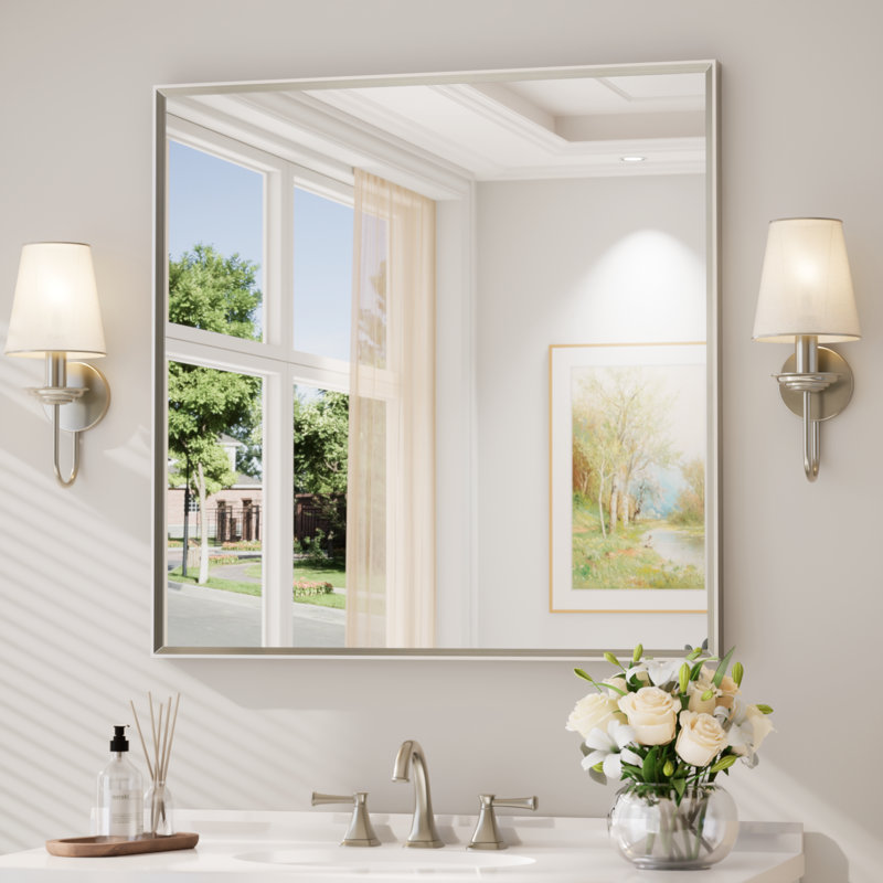 Bathroom Vanity Mirror with Aluminum Frame and Tempered Glass, Square, Brushed Nickel, 36" x 36"