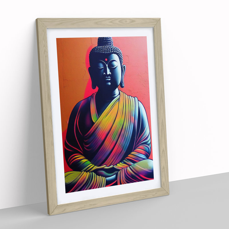 Colourful Buddha No.3 - Wall Art, 66cm H x 48cm W x 2cm D, Oak Framed, White