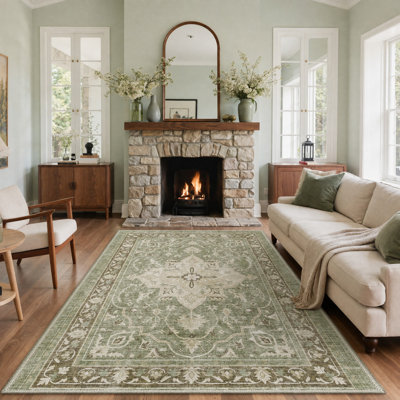 Seraphina Traditional Green / Brown Indoor Floral Area Rug,Machine Washable,with Non-Slip Backing
