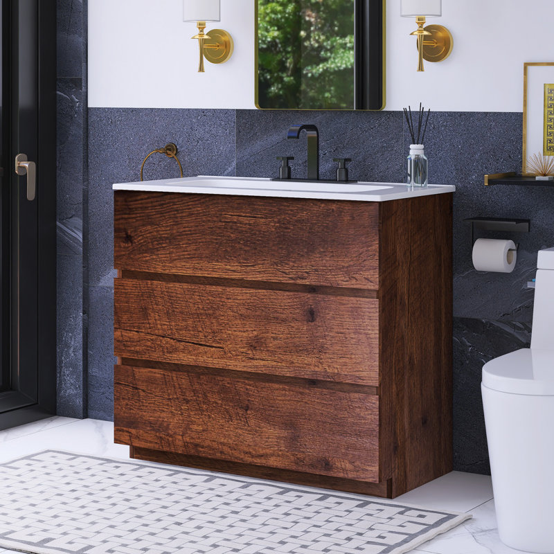 36 po W Meuble-lavabo simple avec lavabo et 3 trous de robinet, Noyer