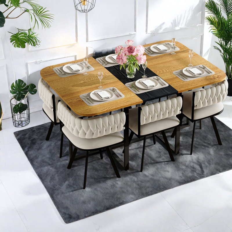 Ensemble de table de salle à manger moderne 7 pièces, table en MDF bicolore et chaises en velours pour espaces compacts