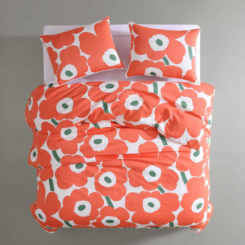 Unikko Orange/Green/White Organic Cotton Duvet Cover Set, King Duvet Cover + 2 King Shams, Orange/Green/White