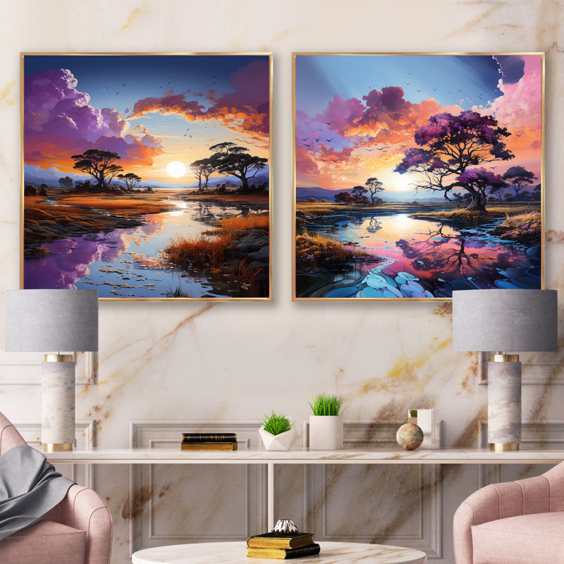 Ensemble de 2 charmants desserts au coucher du soleil, Cadre flottant doré, H 30 po x l 61 po